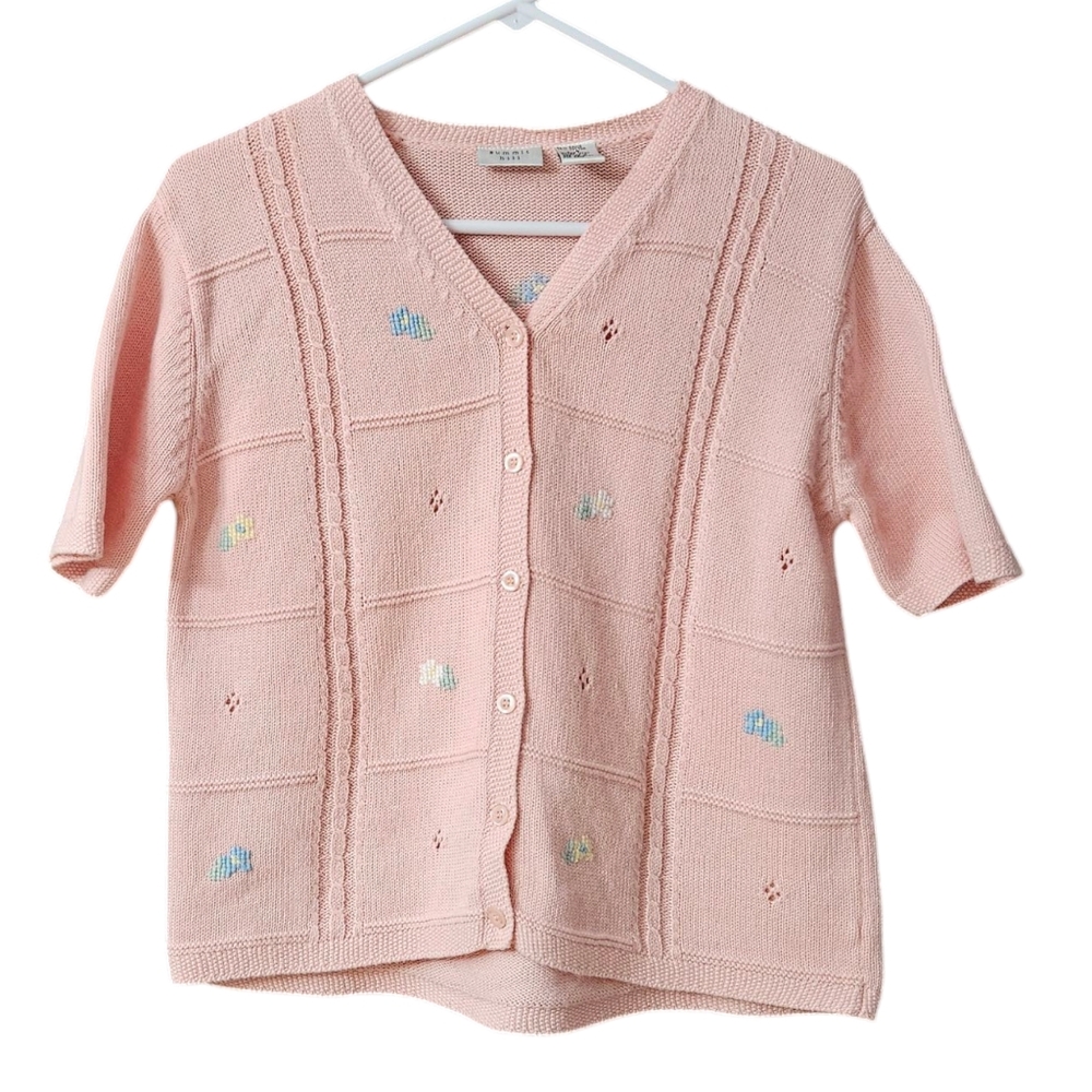 Vintage Summit Hill Short Sleeve Cardigan Sweater Women Small PInk Cottagecore